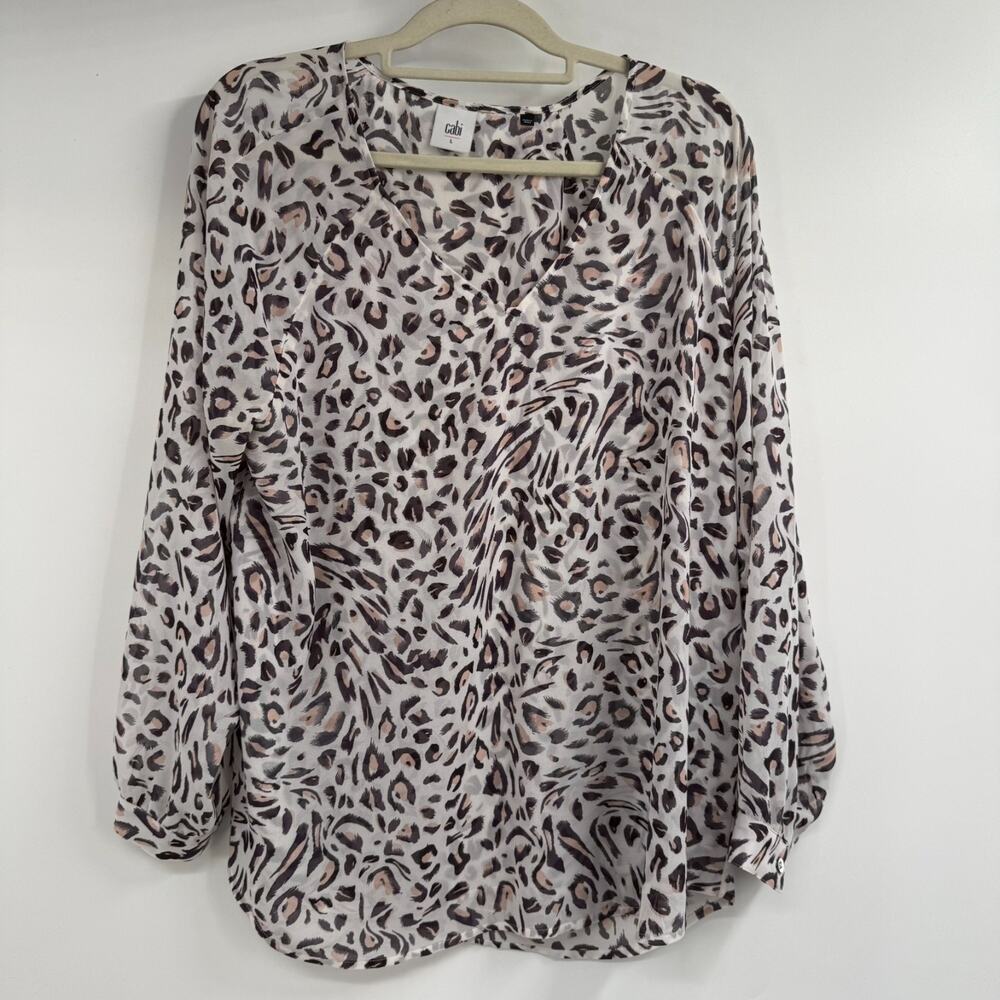 Cabi Glamour Blouse Womens L White Animal Print V-Neck Lined Balloon Sleeve 5337